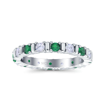 Full Eternity Stackable Ring Wedding Band Round Simulated Green Emerald CZ 925 Sterling Silver (3mm)